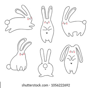 Cute rabbits drawn in the style of doodle. Characters isolated on white background. Vector illustration set.