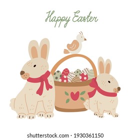 Cute rabbits and an Easter basket with colorful eggs and a bird. Vector illustration on white. Happy Easter hand drawn lettering. Nice greeting card.