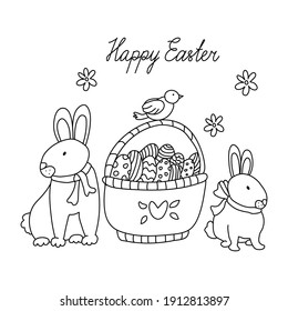 Cute rabbits and an easter basket wit eggs in doodle sketch style. Isolated black outline. Vector illustration on white. Happy Easter lettering. Great greeting card and picture for coloring.