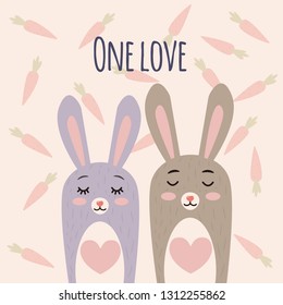 Cute rabbits, easter or christmas bunny face background. Vector illustration