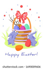 Cute rabbits and Easter eggs in a basket. Colorful illustration for the design of a postcard for the Easter holiday. Vector image isolated on a white background