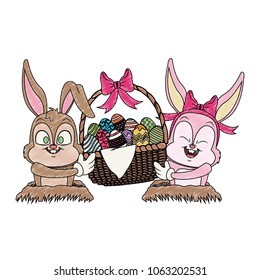 Cute rabbits with easter eggs cartoon