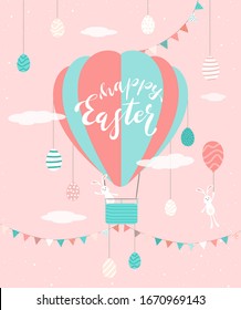 Cute rabbits with Easter eggs, pennants and hot air balloon on pink background. Lettering Happy Easter. Illustration in flat cartoon style can be used for holiday design, poster, banner, greeting card
