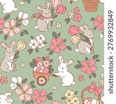 Cute rabbits with Easter eggs and spring floral. Seamless vector pattern. Liberty floral design on isolated background. Hand drawn cute bunny pattern. 