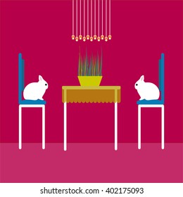 cute rabbits eat  grass. Interior flat