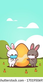 cute rabbits with egg wearing mask to prevent coronavirus happy easter bunnies sticker spring holiday concept landscape background vertical greeting card vector illustration