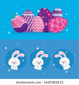 cute rabbits with eggs easter decorated vector illustration design