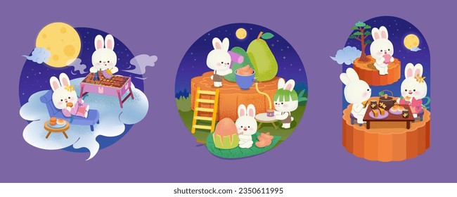 Cute rabbits enjoy moon viewing party and sharing delicious food on cloud and giant mooncakes. Mid autumn festival illustrations isolated on purple background.