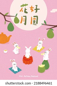 Cute rabbits enjoy pomelos, mooncake and tea under a full moon that says “Blooming Flowers and Full Moon”. A cheerful Mid-Autumn Festival picnic scene