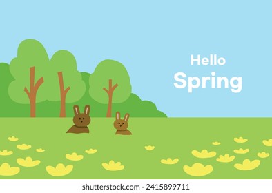 Cute rabbits enjoy the spring weather. on the grass with full of yellow flowers. vector flat illustration