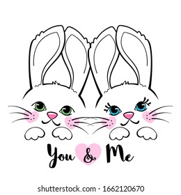 Cute rabbits fall in love isolated on white background. Love concept. Design element for t-shirt print, apparel or greeting cards. Valentine s day poster. Vector illustration.