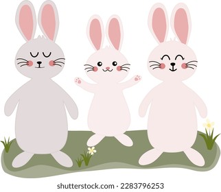 Cute Rabbits family in grass yard vector illustration. Happy easter elements decoration. Kawaii Daddy mommy son rabbits family.