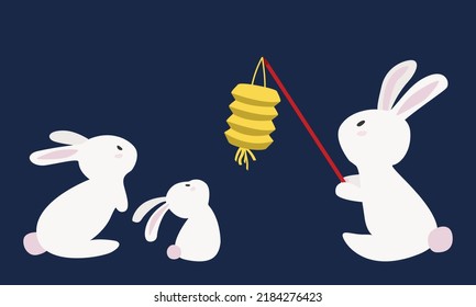 Cute Rabbits Family Holding Lantern Vector Design. Moon Festival Or Mooncake Festival Rabbits Clipart. Happy Mid Autumn Festival Cute Bunny Enjoying Lantern Cartoon Style. Mid-Autumn Festival Mascot