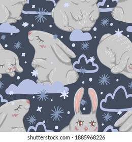 Cute rabbits flat hand drawn vector seamless pattern. Colorful background in scandinavian style. Abstract wallpaper with cartoon animals. Winter design for prints, wrap, textile, fabric, decor, card.