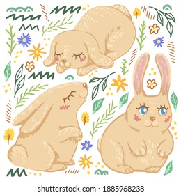 Cute rabbits flat hand drawn vector illustrations. Colorful collection in scandinavian style. Abstract cartoon animals. Simple elements for easter design, print, wrapping, decor, card, sticker, banner