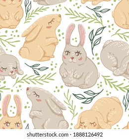 Cute rabbits flat hand drawn vector seamless pattern. Colorful background in scandinavian style. Abstract wallpaper with cartoon animals. Easter design for prints, wrap, textile, fabric, decor, card.