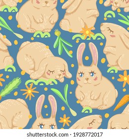 Cute rabbits flat hand drawn vector seamless pattern. Colorful background in scandinavian style. Abstract wallpaper with cartoon bunnies. Easter design for prints, wrap, textile, fabric, decor, card.