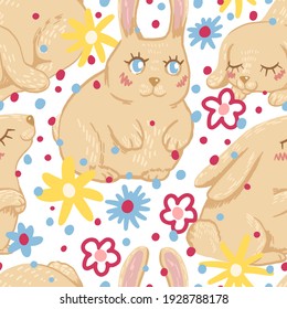 Cute rabbits flat hand drawn vector seamless pattern. Colorful background in scandinavian style. Abstract wallpaper with cartoon bunnies. Easter design for prints, wrap, textile, fabric, decor, card.