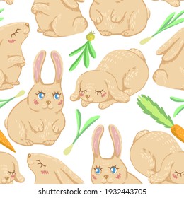 Cute rabbits flat hand drawn vector seamless pattern. Colorful background in scandinavian style. Abstract wallpaper with cartoon bunnies. Easter design for prints, wrap, textile, fabric, decor, card.