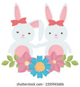 cute rabbits with floral decoration character