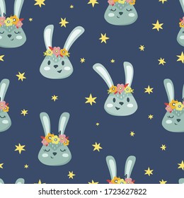 Cute rabbits with floral wreaths on a blue background with stars. Children's illustration, seamless pattern.