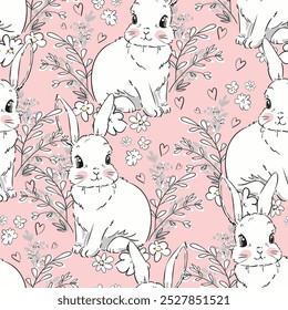 Cute rabbits and flower arrangement background vector seamless pattern Kids trend print