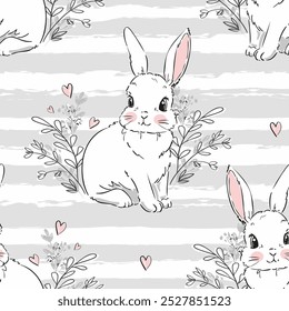 Cute rabbits and flower arrangement background vector seamless pattern Kids trend print