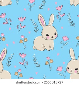 Cute rabbits and flower arrangement background vector seamless pattern Kids print