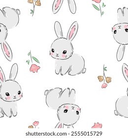 Cute rabbits and flower arrangement background vector seamless pattern Kids print