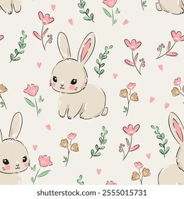 Cute rabbits and flower arrangement background vector seamless pattern Kids print