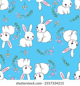 Cute rabbits and flower arrangement background vector seamless pattern Kids print