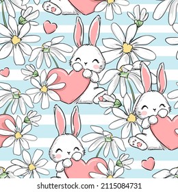 Cute rabbits and flower arrangement and pink heart background vector seamless pattern 