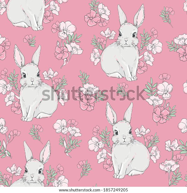 Cute Rabbits Flower Arrangement Pink Background Stock Vector Royalty