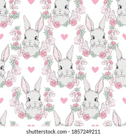 Cute rabbits and flower arrangement white background vector seamless pattern 