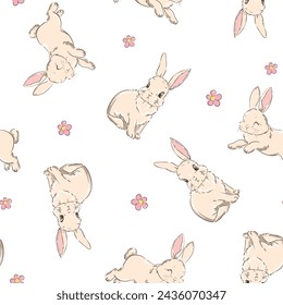 Cute rabbits and flower background vector seamless pattern 