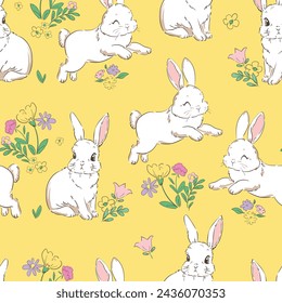 Cute rabbits and flower background vector seamless pattern, Bunnys beautiful illustration for the fabric, paper