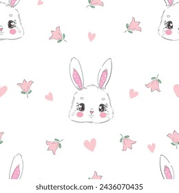 Cute rabbits and flower background vector seamless pattern 