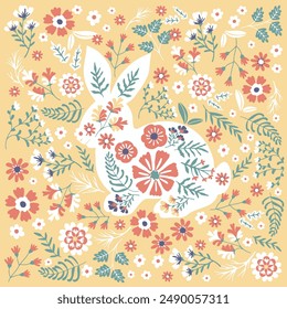Cute Rabbits and Flower background vector seamless, Little Bunny pattern Kids print. Cute Easter Bunny in a wreath of flowers and leaves on yellow background.