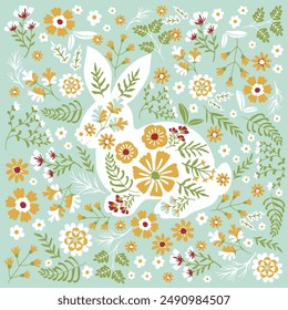 Cute Rabbits and Flower background vector seamless, Little Bunny pattern Kids print. Cute Easter Bunny in a wreath of flowers and leaves on light turquoise background.