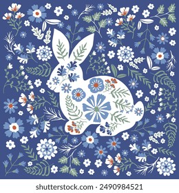 Cute Rabbits and Flower background vector seamless, Little Bunny pattern Kids print. Cute Easter Bunny in a wreath of flowers and leaves on blue background.