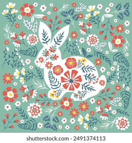 Cute Rabbits and Flower background vector seamless, Little Bunny pattern Kids print. Cute Easter Bunny in a wreath of flowers and leaves on turquoise background.