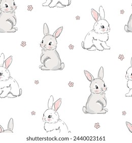 Cute rabbits and flowers background vector seamless pattern 