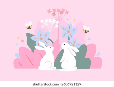 Cute rabbits with flowers and bees on a pink background. Vector illustration.