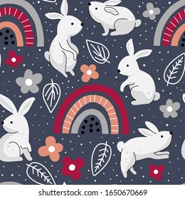 Cute rabbits, flowers and rainbows in a cartoon style seamless pattern. Kids background in a vector. Design for fabric, wrapping paper, apparel.