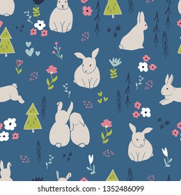 Cute rabbits and flowers seamless pattern. Spring and easter theme seamless background for nursery, baby and kids products, fabric, stationery, textile