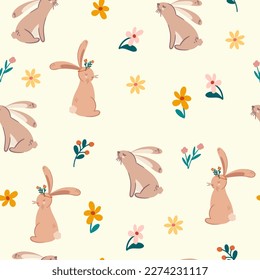 Cute rabbits and flowers seamless pattern. Cartoon cute animals in hand-drawn doodle style. Perfect for wallpaper, scrapbooking and print. Vector cartoon illustration.