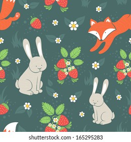 Cute rabbits and fox with wild strawberries forest seamless pattern