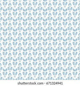 Cute Rabbits and Fruits Seamless pattern. Hand Drawn Doodle  Bunnies, Watermelon, Strawberry. Animal Background for kids. Baby Wallpaper