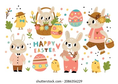 Cute rabbits. Funny bunnies and chickens with Easter patterned eggs. Flower and leaves. Festive hunter with basket. Animals in clothes finding gifts. Spring holiday