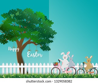 Cute rabbits the gang happy in the garden for Easter holiday,invitation,greeting card or poster,vector illustration